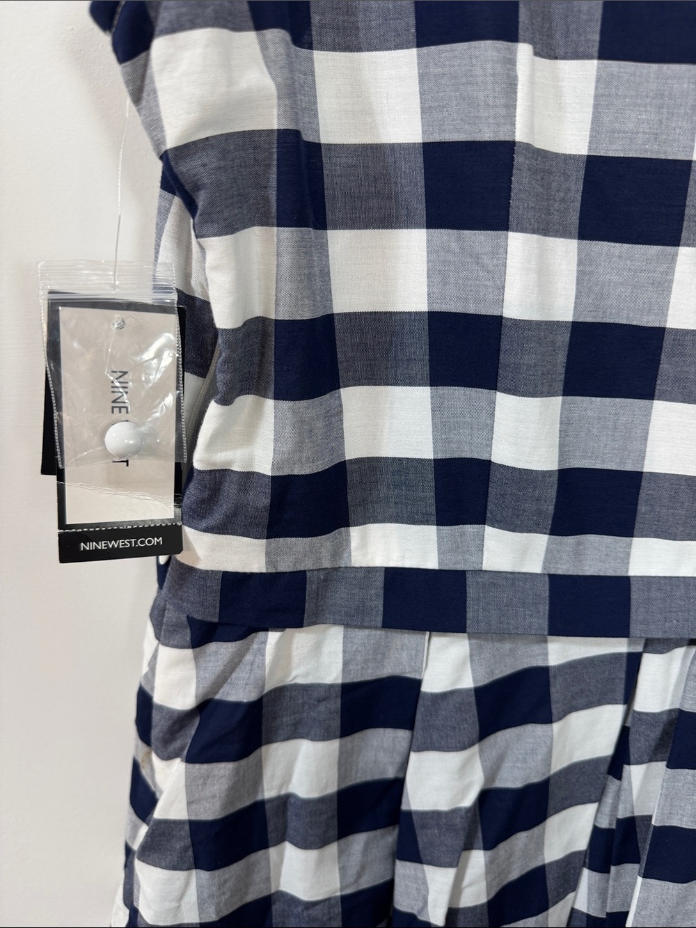 Nine West Navy & White Gingham Sleeveless Collared Midi Dress - Size 12 - Picture 7 of 9